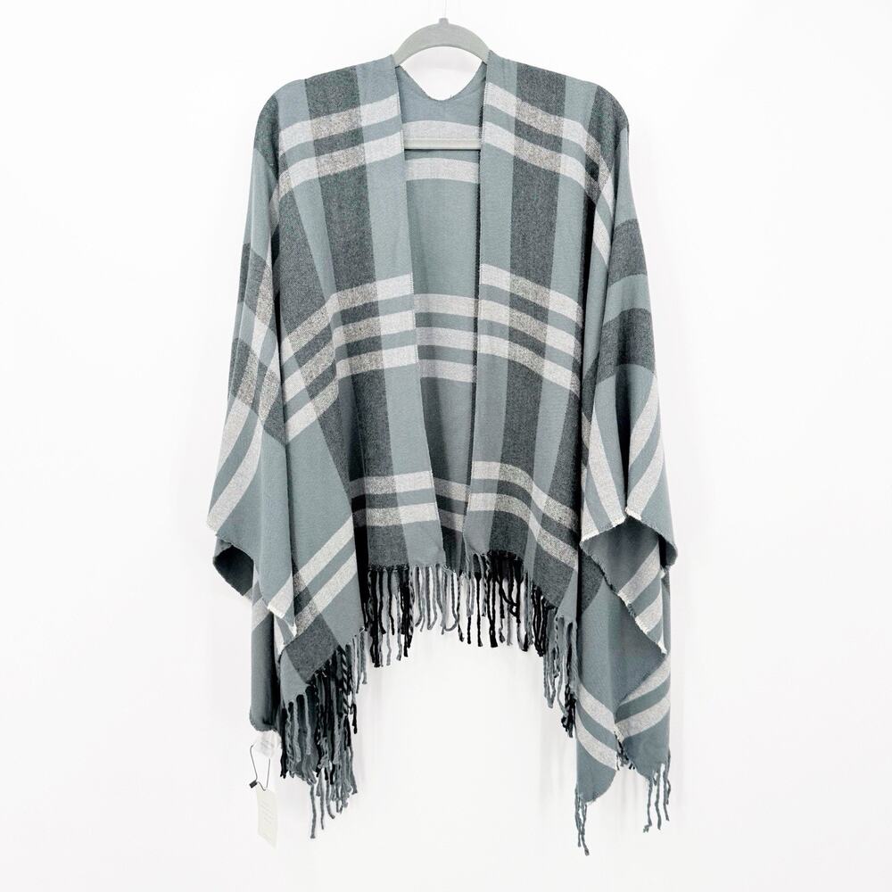 Siizu Gray Plaid Fringe Trim Poncho Shawl Wrap OS Cabincore Cozy Layering Fall